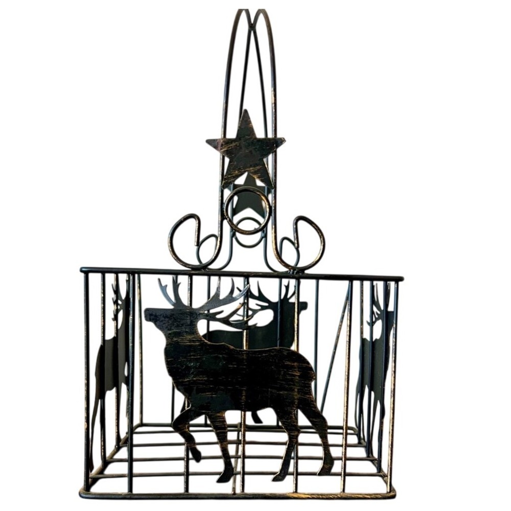 Rustic Metal Reindeer Christmas Basket Star Handle Black Distressed 12in‎